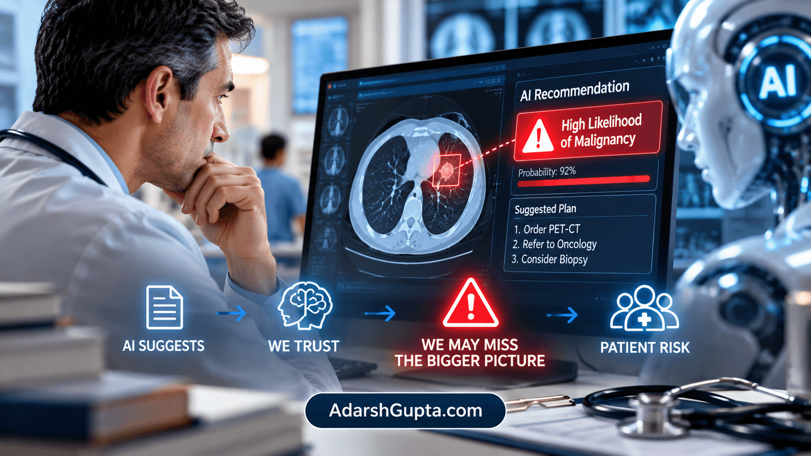 Automation bias in healthcare — a physician trusts an AI malignancy alert while the larger clinical picture may be missed, AdarshGupta.com