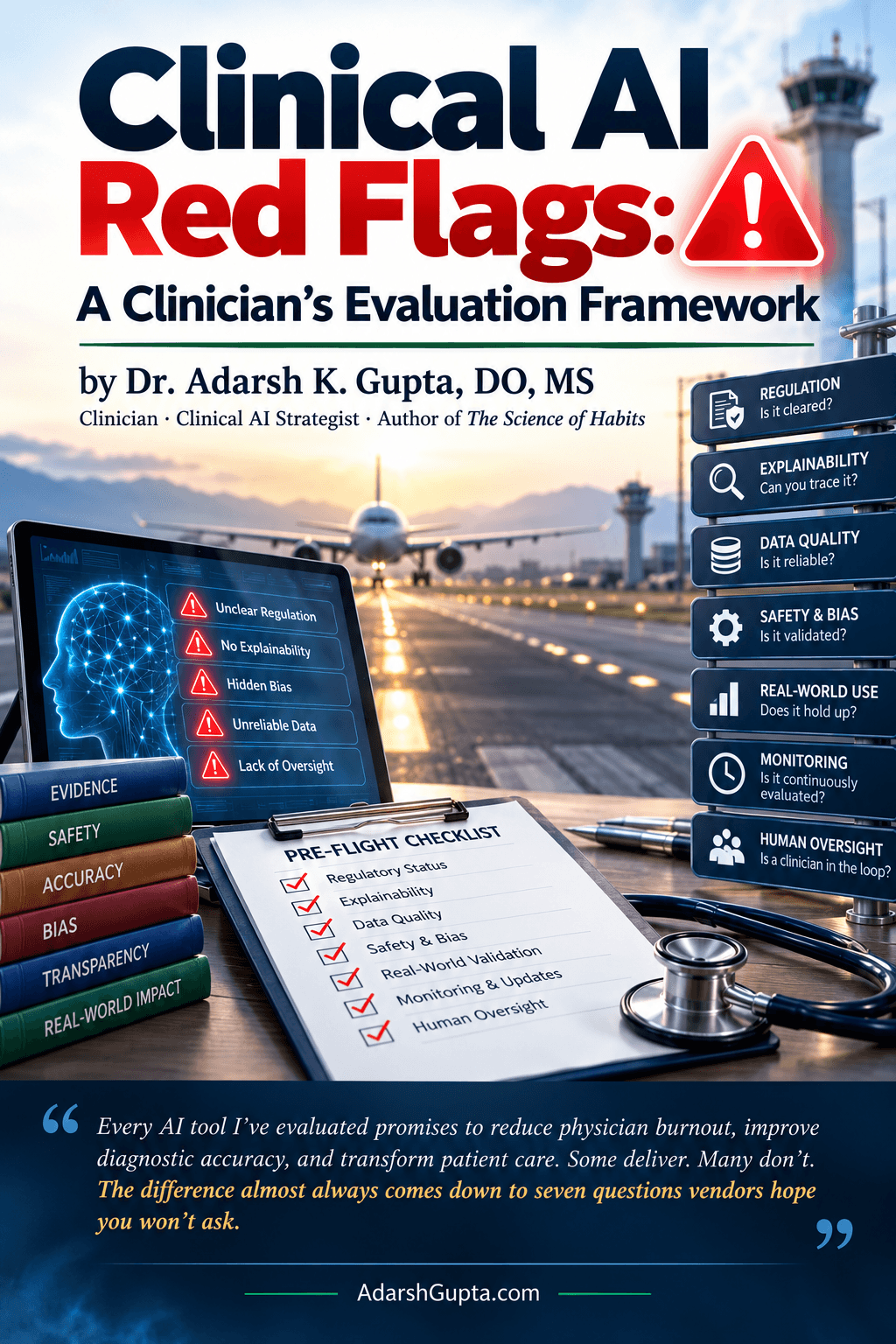 Clinical AI Red Flags cover — a clinician's pre-flight checklist for evaluating AI tools, AdarshGupta.com